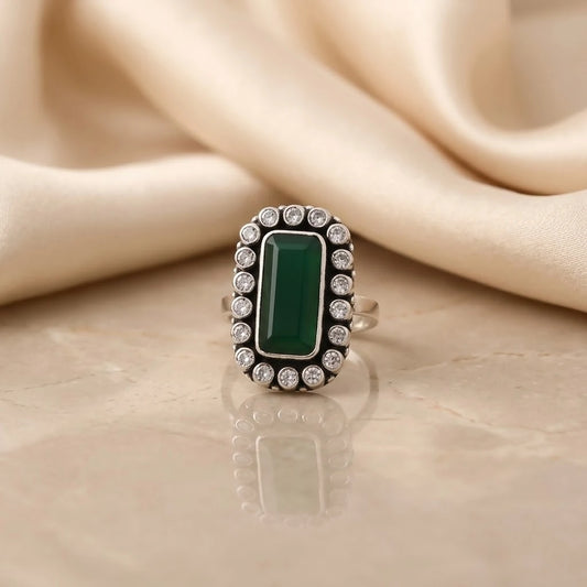 Sterling Silver Rectangle Green Color Stone Ring for Girls