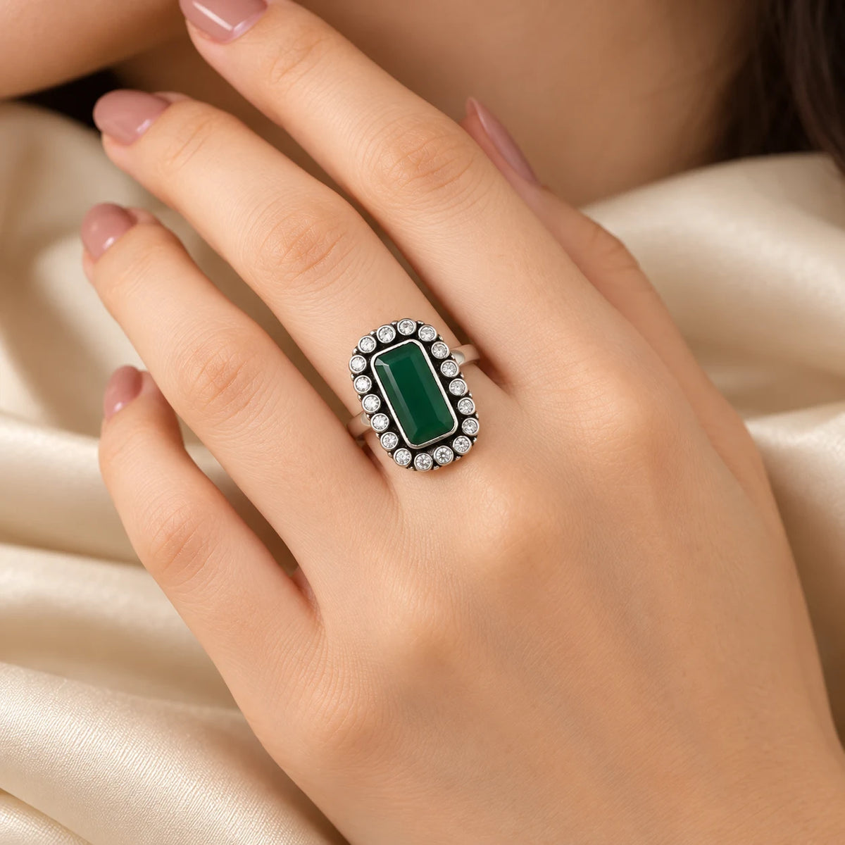 Sterling Silver Rectangle Green Color Stone Ring for Girls