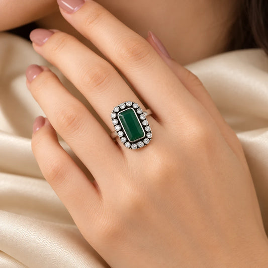 Sterling Silver Rectangle Green Color Stone Ring for Girls