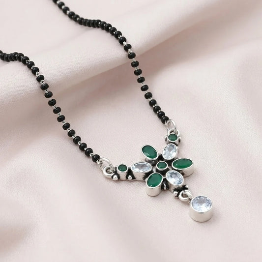 Sterling Silver Round Green Oval Gemstone Mangalsutra
