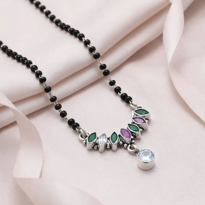 Sterling Silver Round Green and Purple leaf Gemstone Mangalsutra
