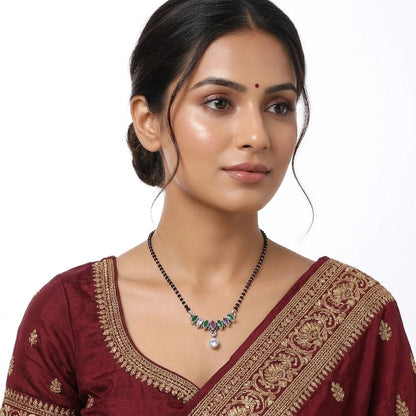Sterling Silver Round Green and Purple leaf Gemstone Mangalsutra