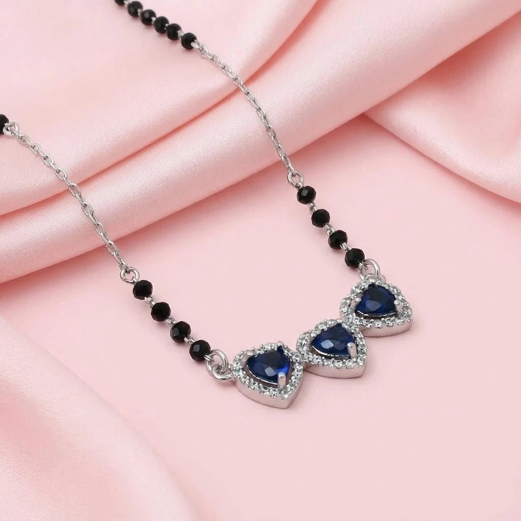 Sterling Silver Three Center Heart Shape Blue Stone Mangalsutra for Girls