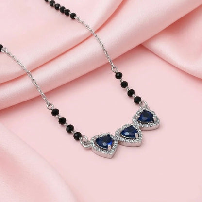 Sterling Silver Three Center Heart Shape Blue Stone Mangalsutra for Girls
