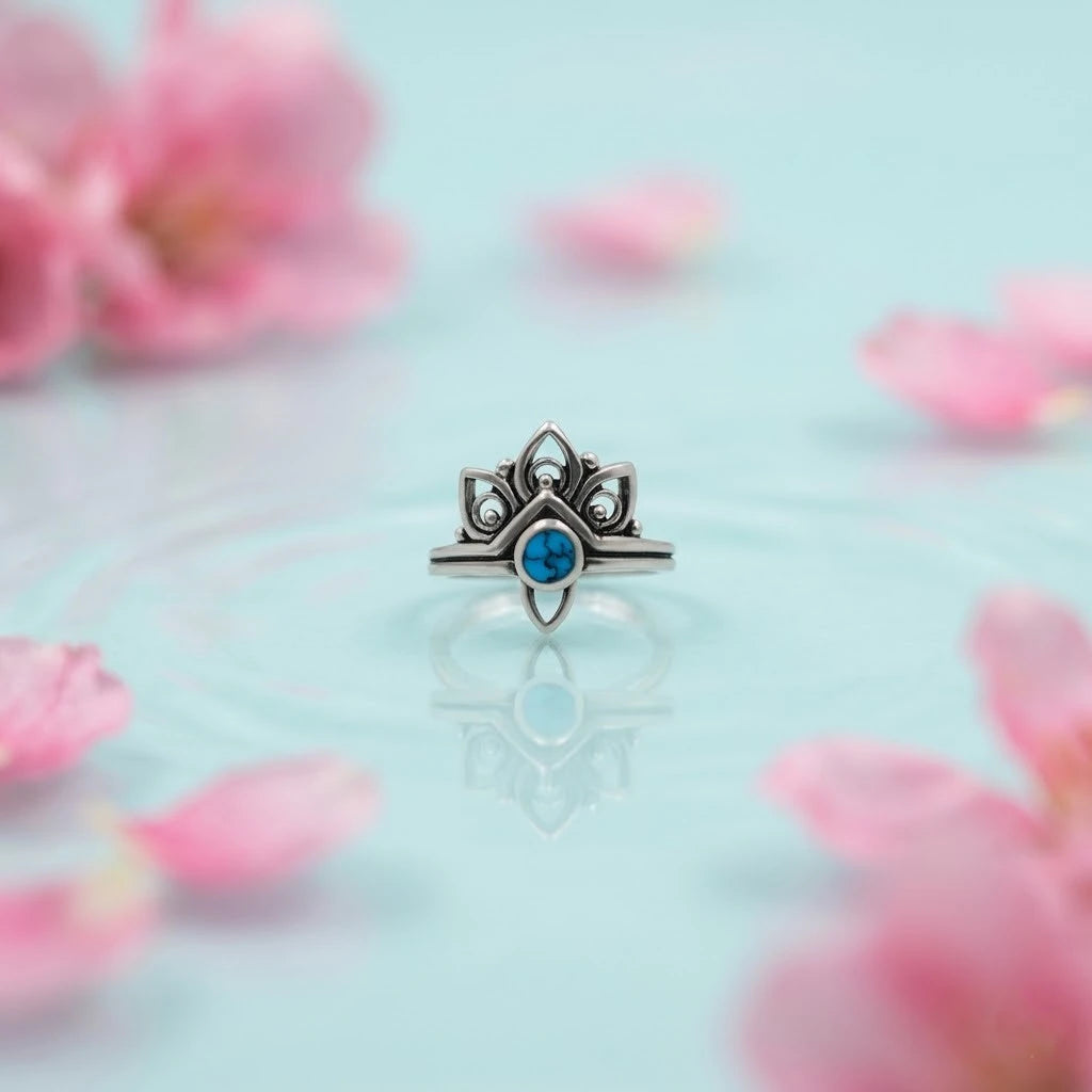 Sterling Silver Turquoise Ring with Flower Design