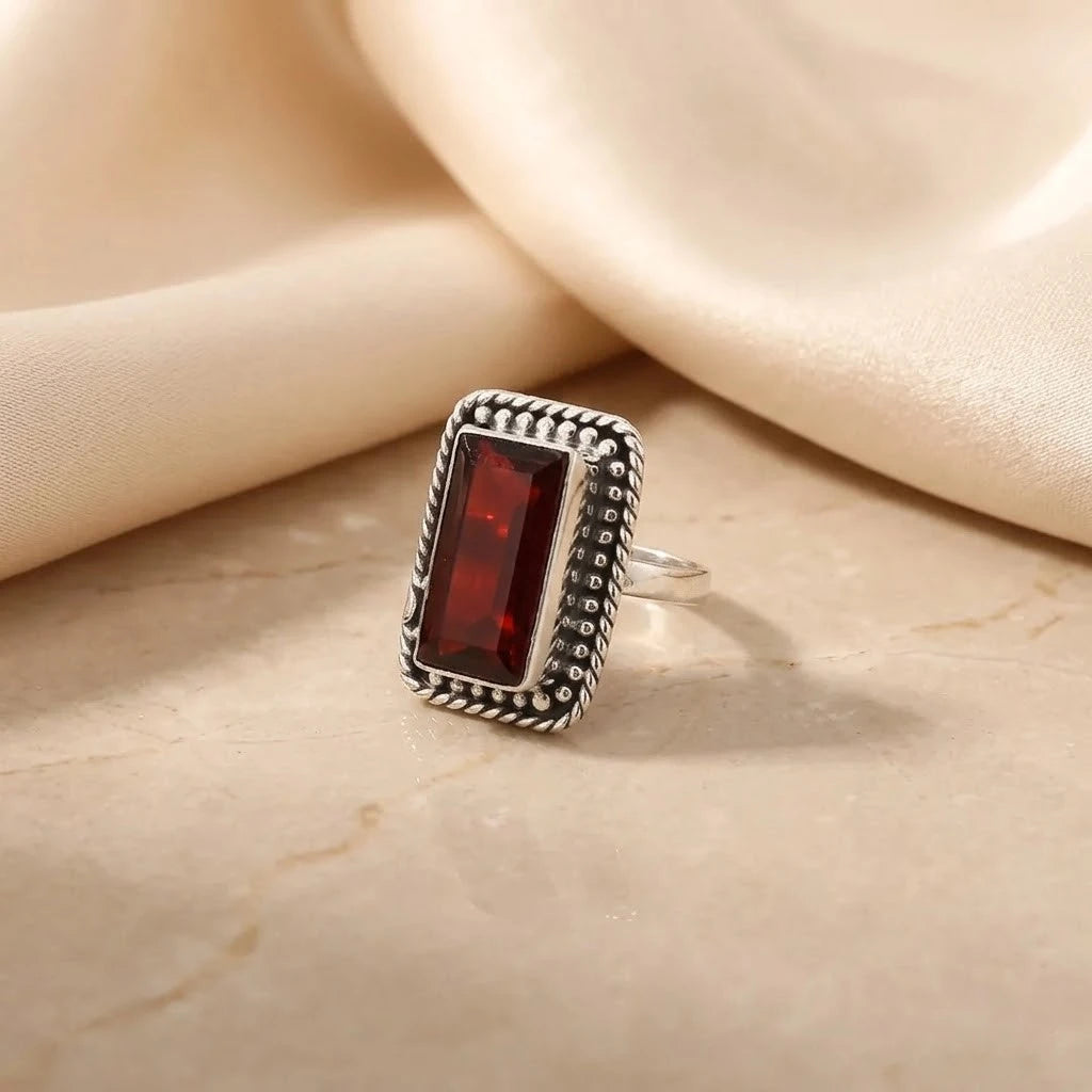 Sterling Silver Vintage Design with Rectangle Red Gem Stone Ring for Girls