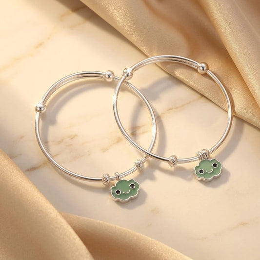 Sterling Silver Vintage Green Smiley Charm Baby Kada for Newborns