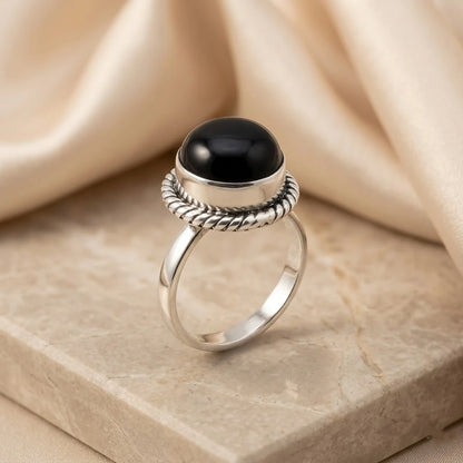 Sterling Silver black Gem Stone Round Design Ring for Girls