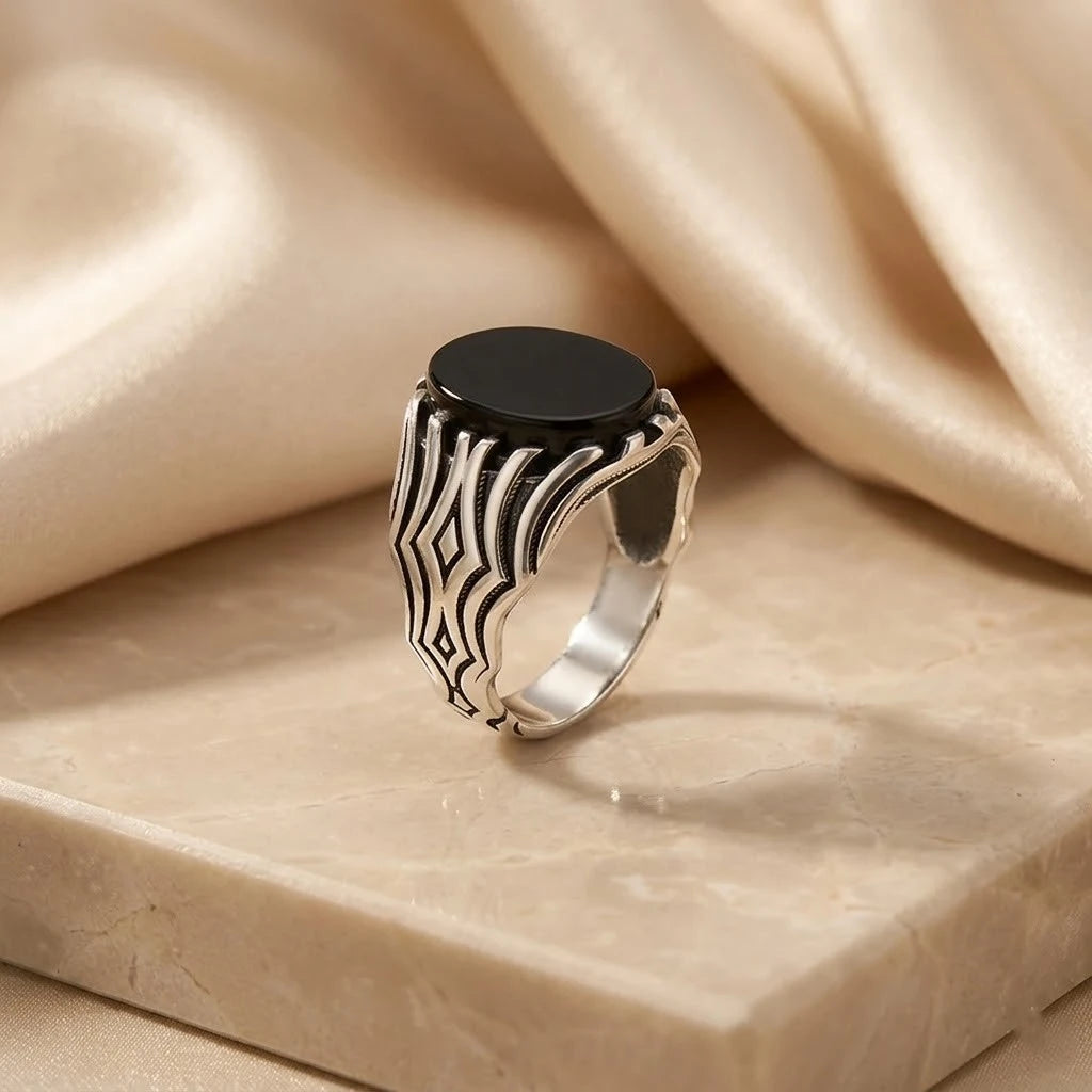 Stylish Oval Shape Black Stone Silver Ring