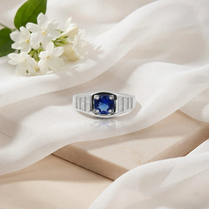 Stylish Round Blue Gemstone Silver Ring