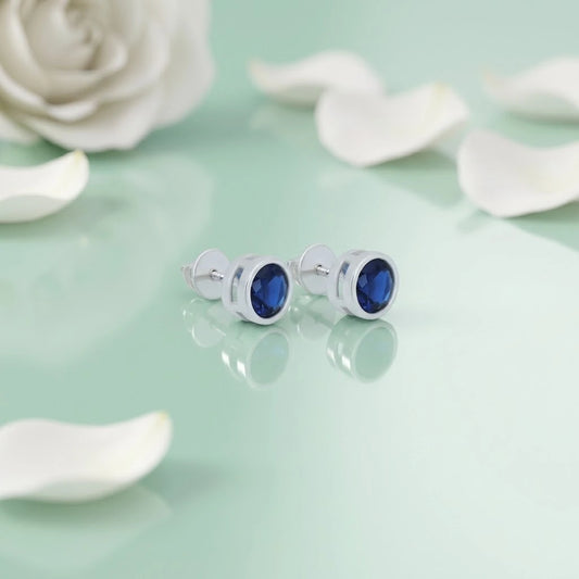 Stylish Round Blue Stone Silver Earrings