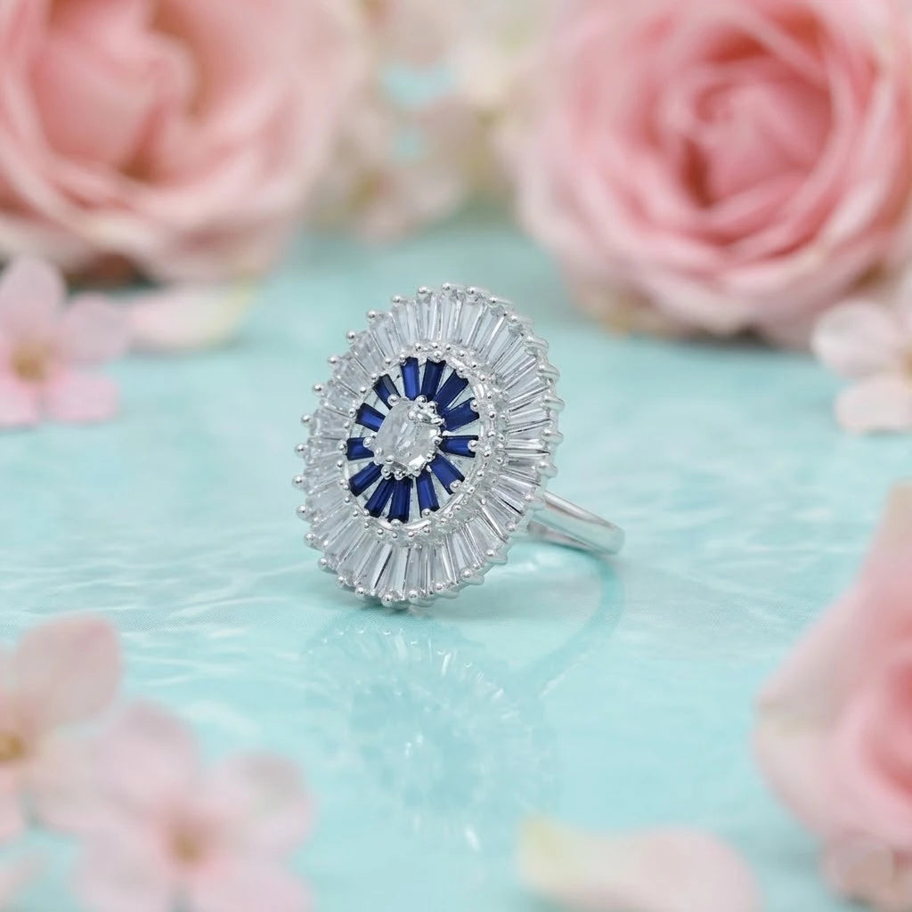 Stylish Silver Ring Featuring Blue Stones For Girl's