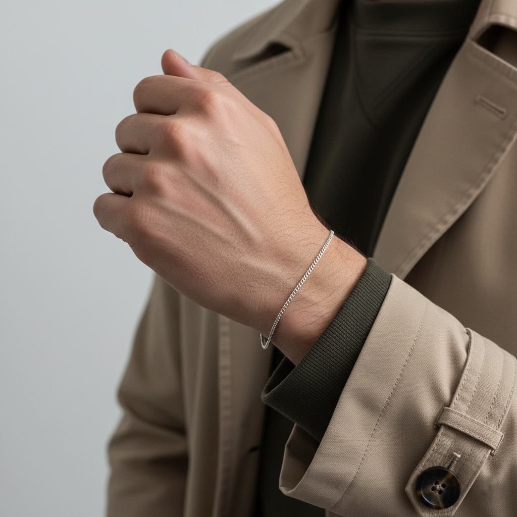 Thin Curb Chain Light Weight Boys Silver Bracelet