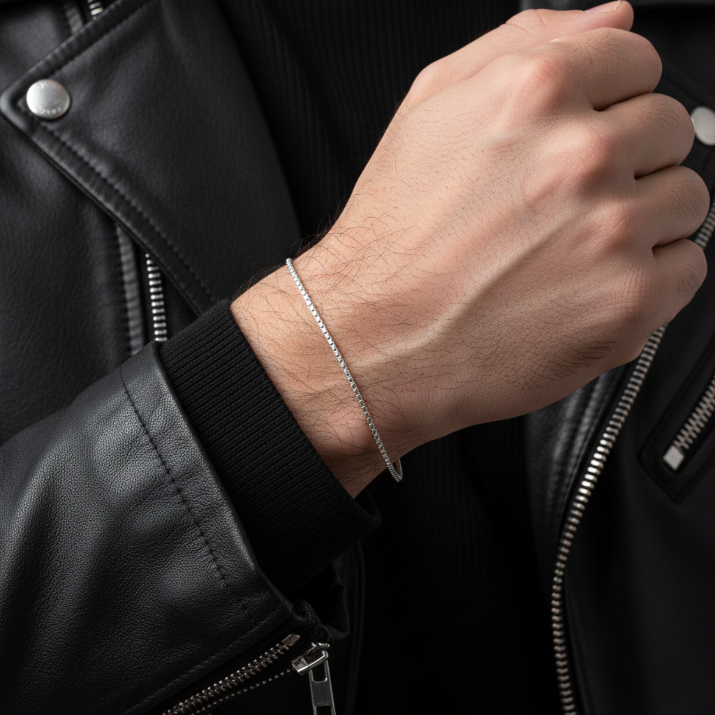Thin Square Box Chain Silver Bracelet For Boys