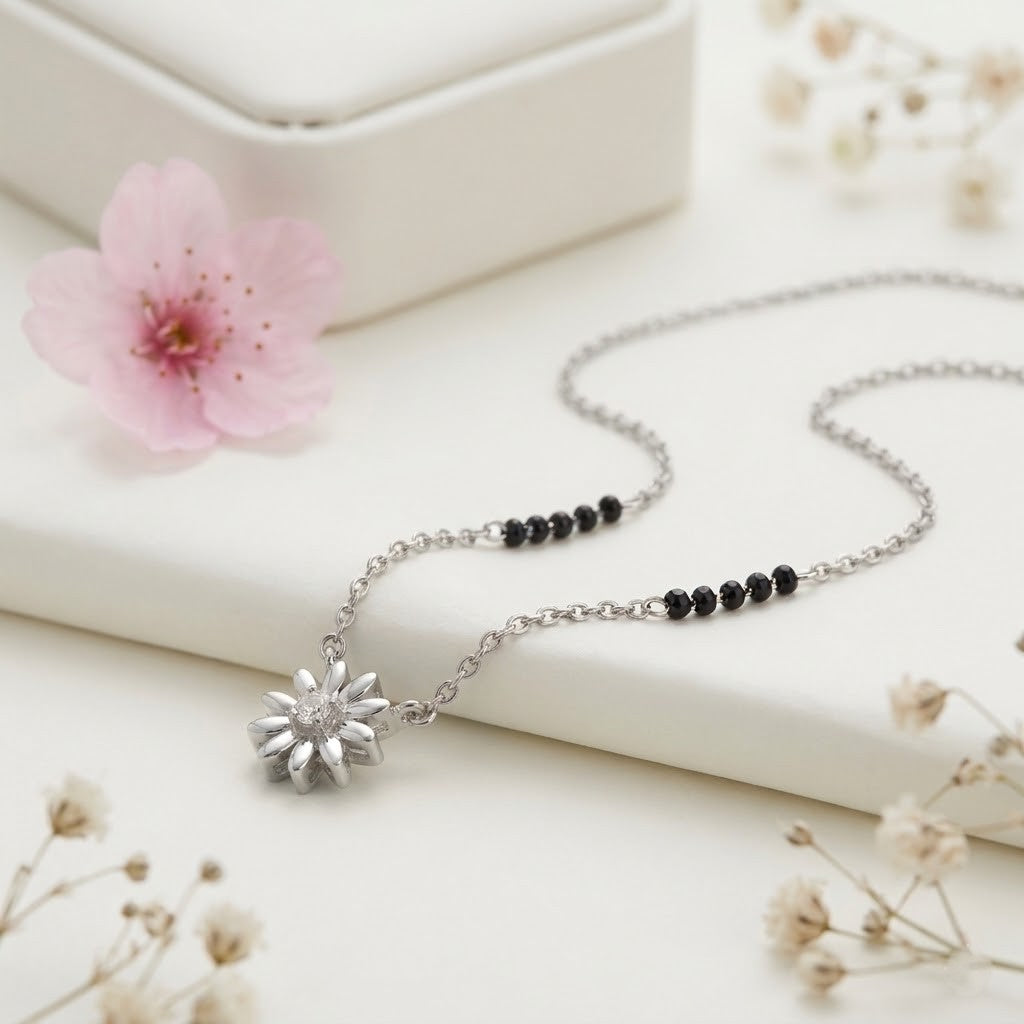 Tiny Flower Black Beads Silver Mangalsutra