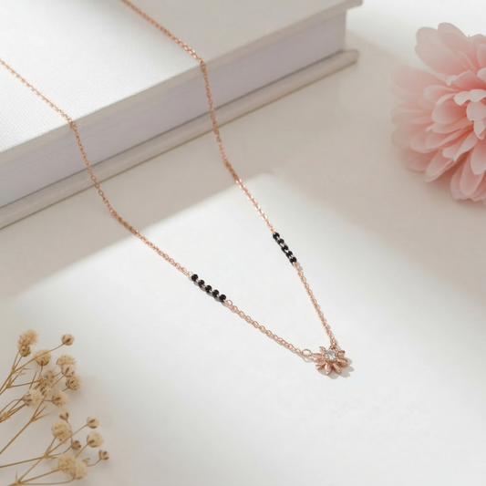 Tiny Flower Black Beads Silver Mangalsutra