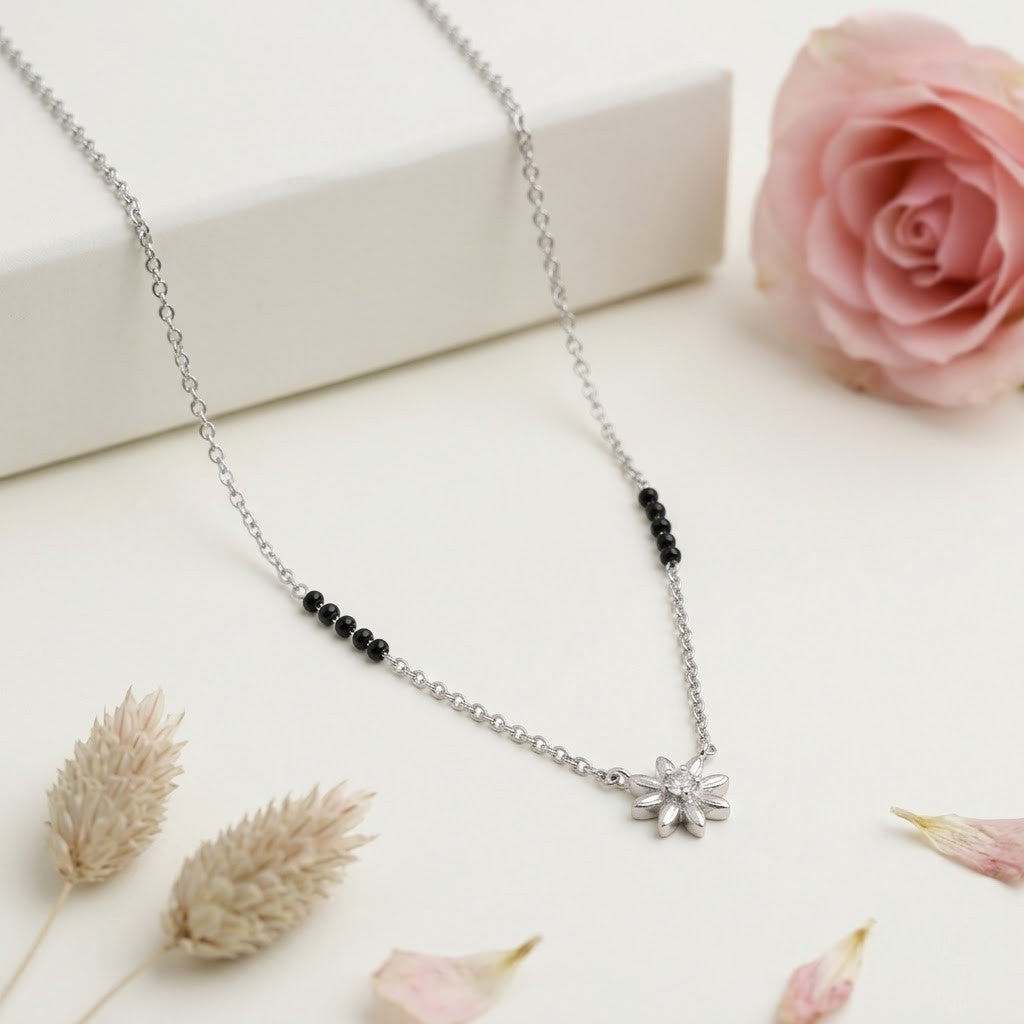 Tiny Flower Black Beads Silver Mangalsutra