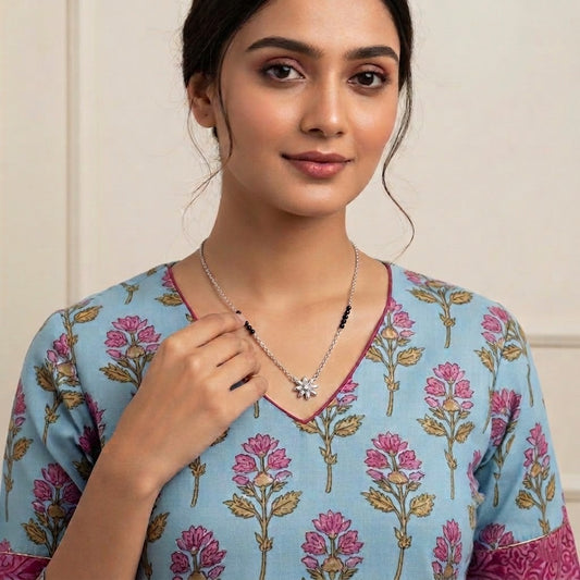 Tiny Flower Black Beads Silver Mangalsutra