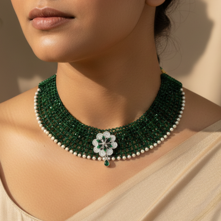 Traditional Green Beaded Silver Floral Choker Necklace for Women