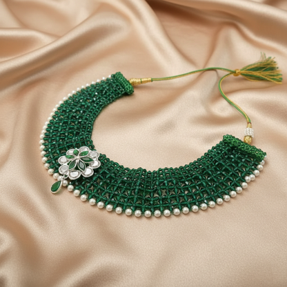Traditional Green Beaded Silver Floral Choker Necklace for Women