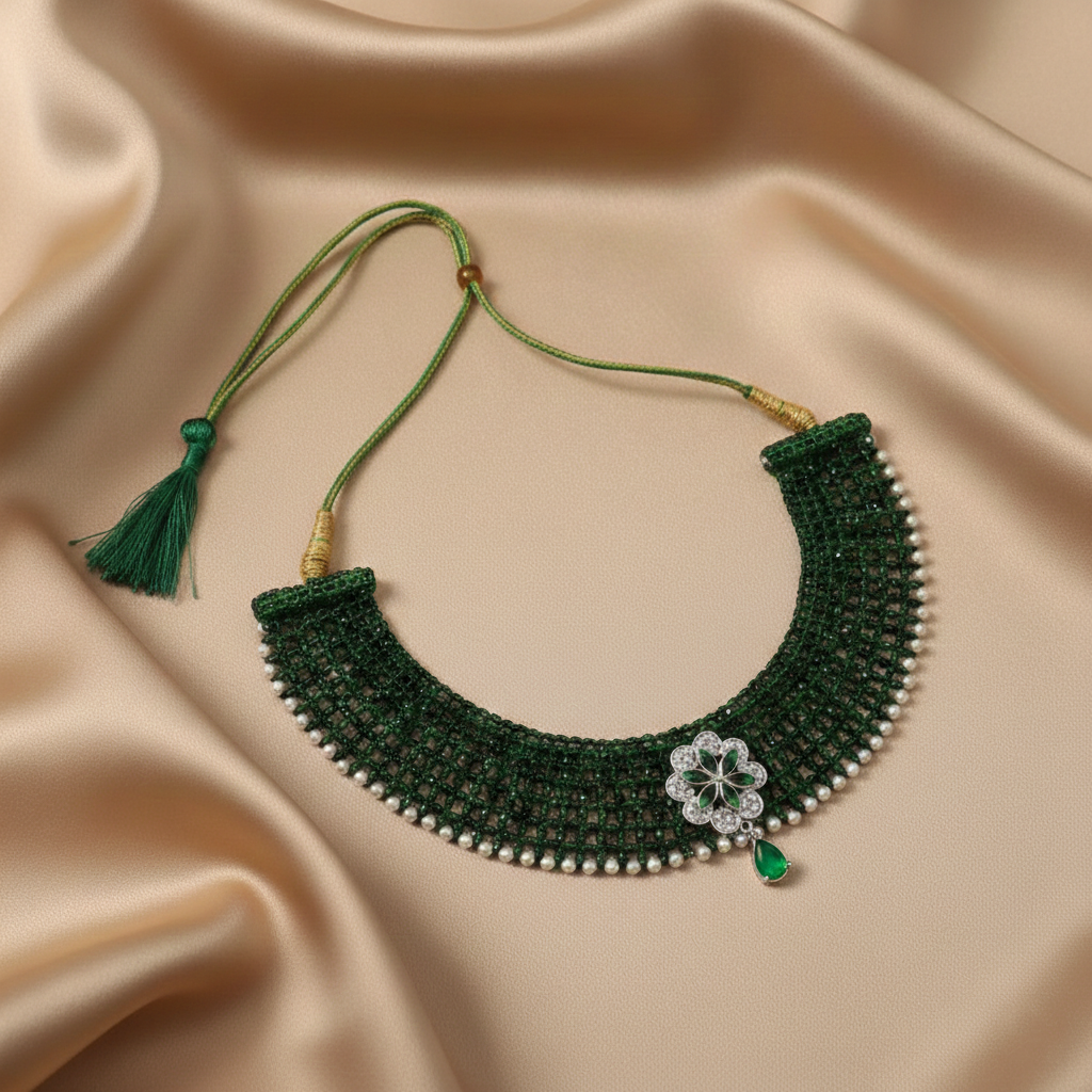 Traditional Green Beaded Silver Floral Choker Necklace for Women