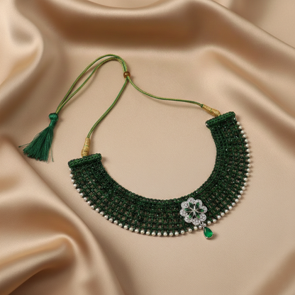 Traditional Green Beaded Silver Floral Choker Necklace for Women