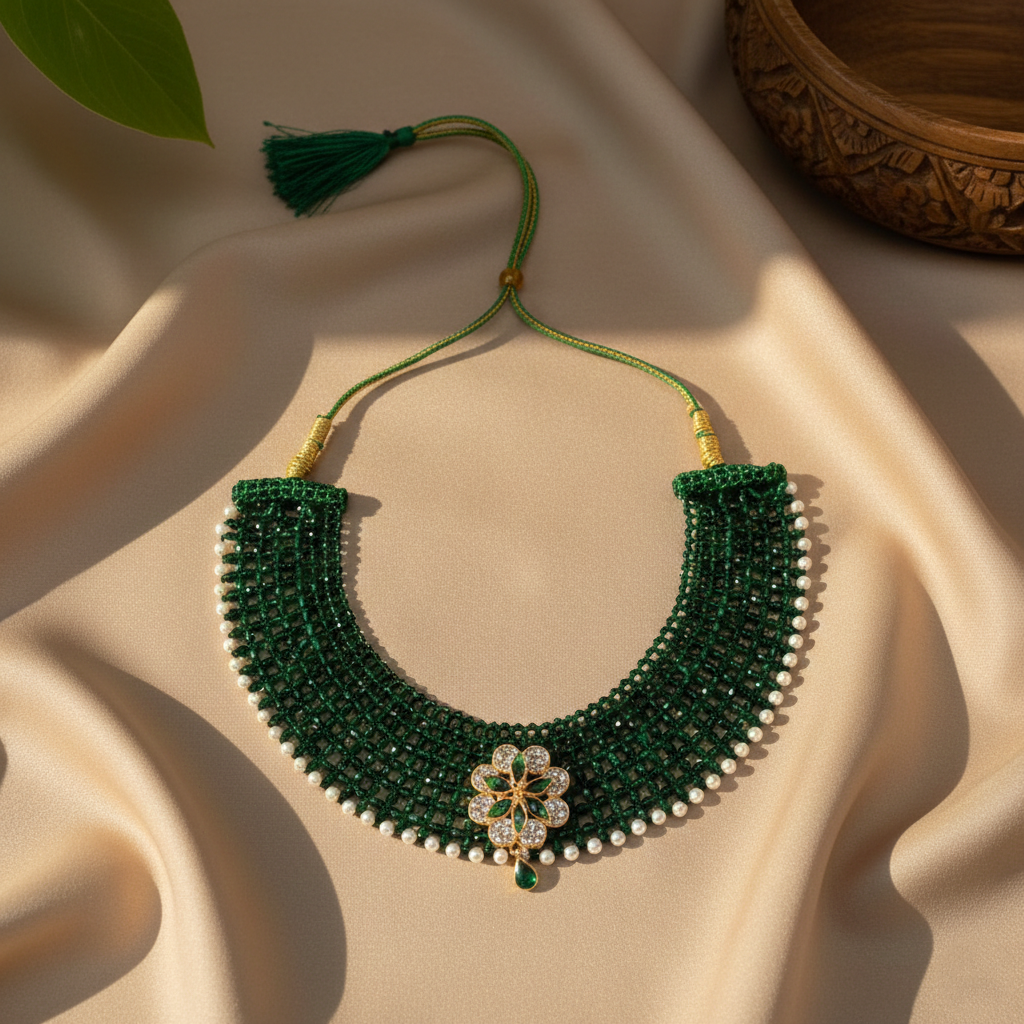Traditional Green Beaded Silver Floral Choker Necklace for Women