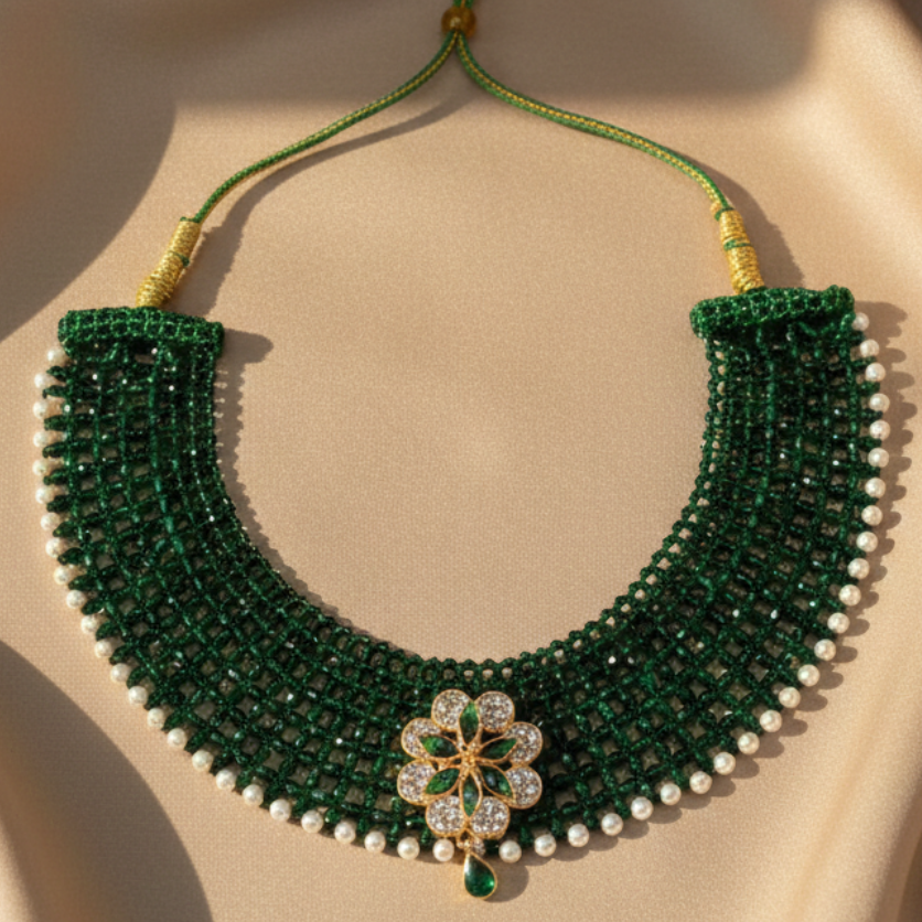 Traditional Green Beaded Silver Floral Choker Necklace for Women