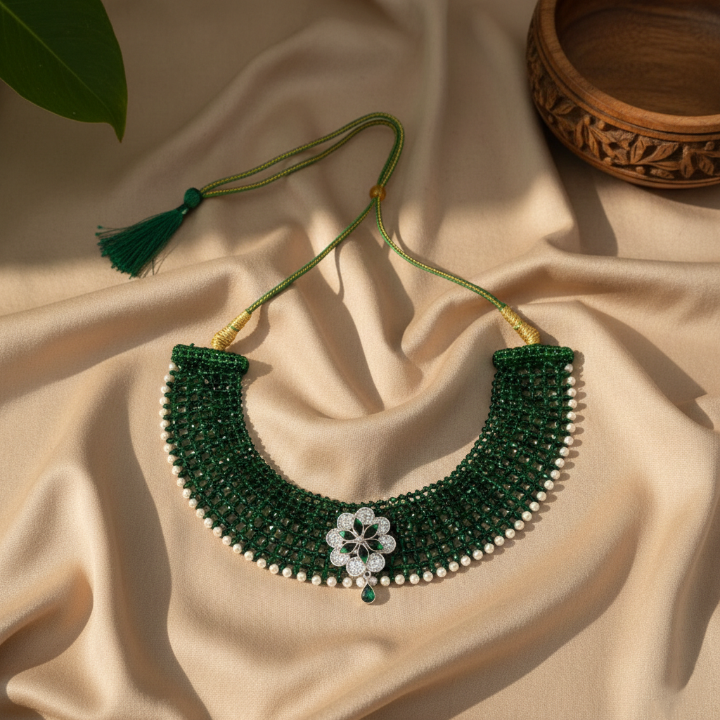 Traditional Green Beaded Silver Floral Choker Necklace for Women