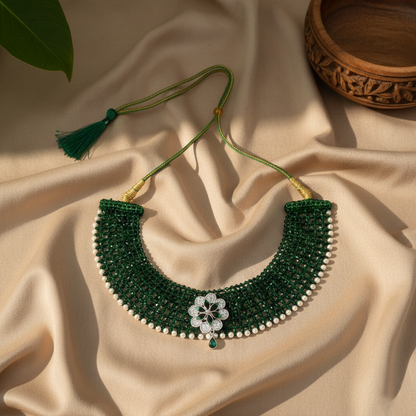Traditional Green Beaded Silver Floral Choker Necklace for Women