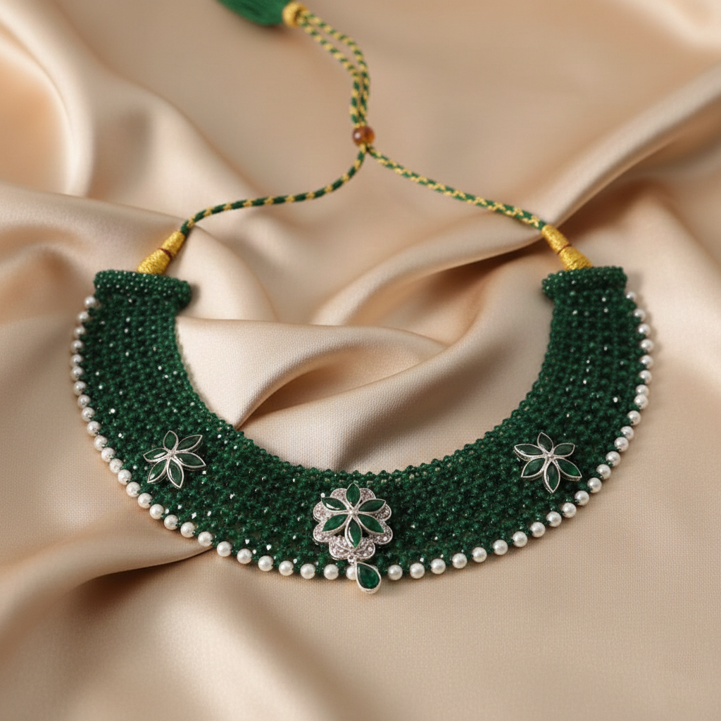 Traditional Green & Silver Three Flower Choker Necklace for Women