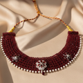 Traditional Maroon & Silver Three Flower Choker Necklace for Women
