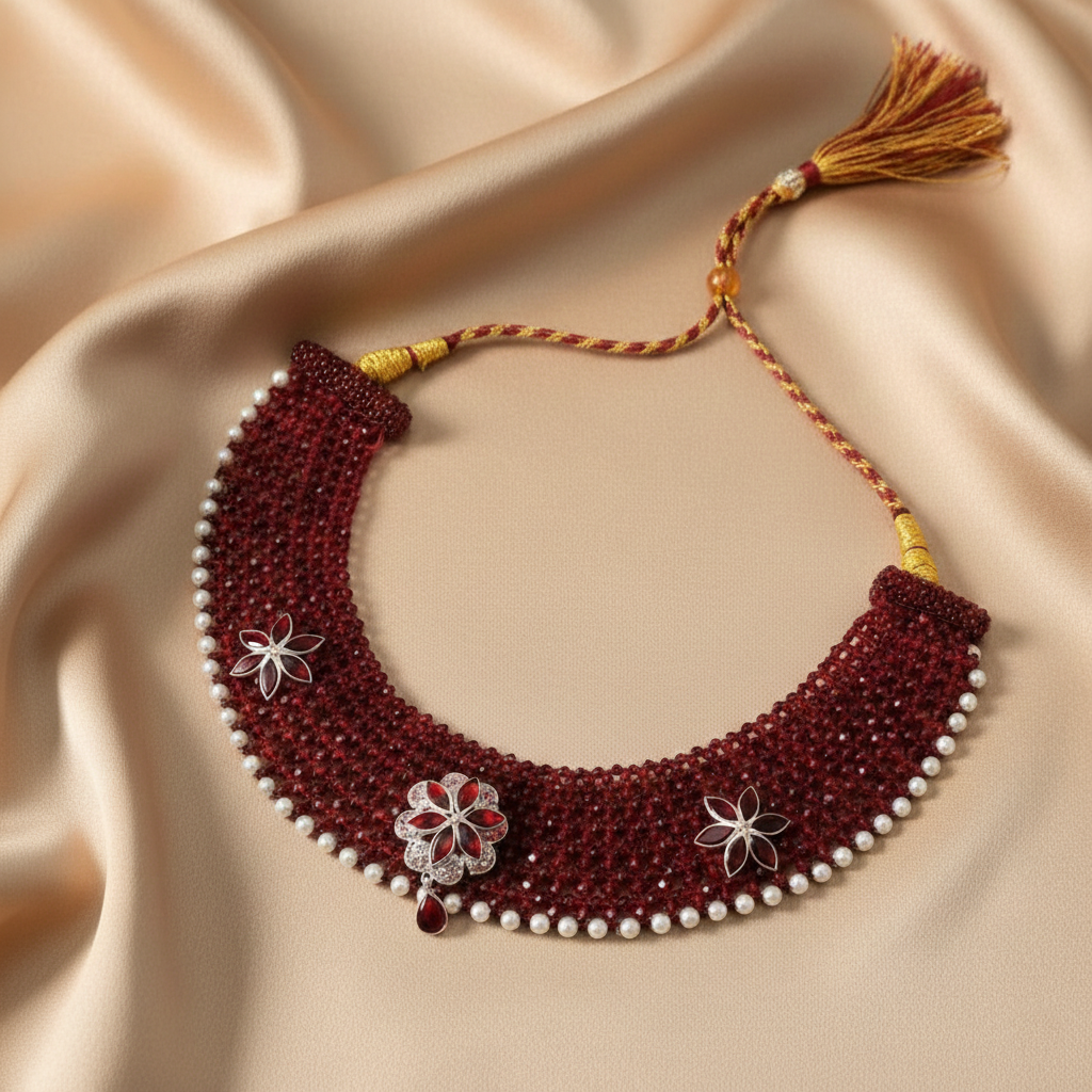 Traditional Maroon & Silver Three Flower Choker Necklace for Women