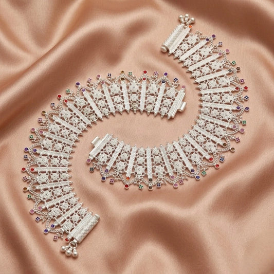 Traditional Silver Broad Designer Payal for Women Colorful Stone