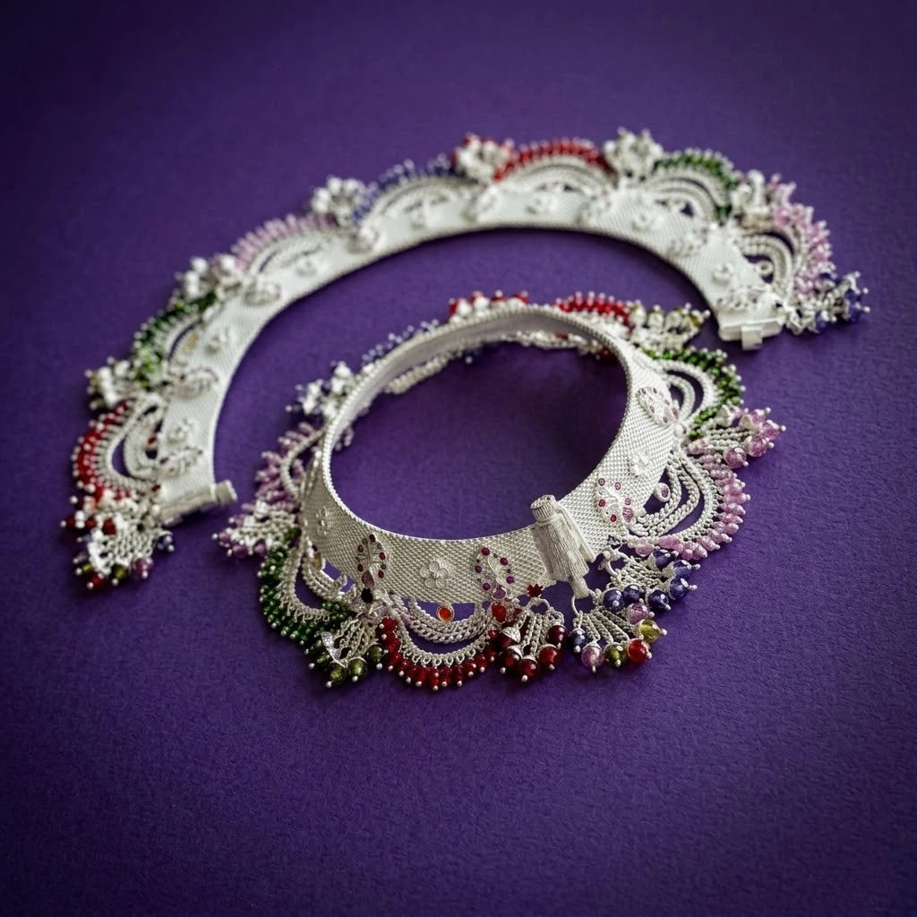 Traditional Silver Colorful Beaded Payal for Women