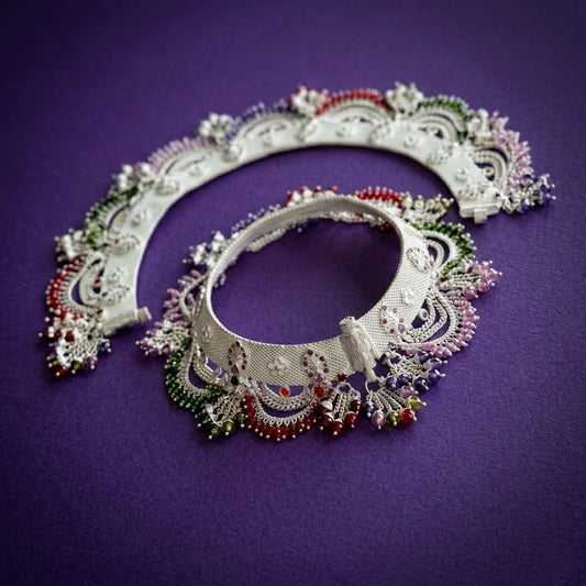 Traditional Silver Colorful Beaded Payal for Women
