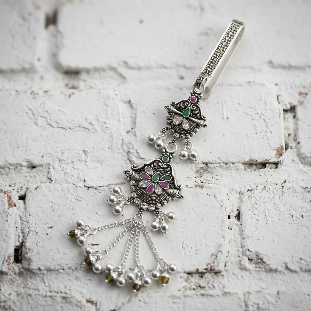 Traditional Silver Floral Chabi Chhalla Designer Silver Key Holder Pendant for Women