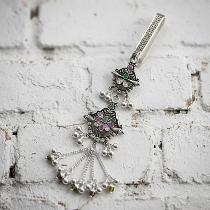Traditional Silver Floral Chabi Chhalla Designer Silver Key Holder Pendant for Women