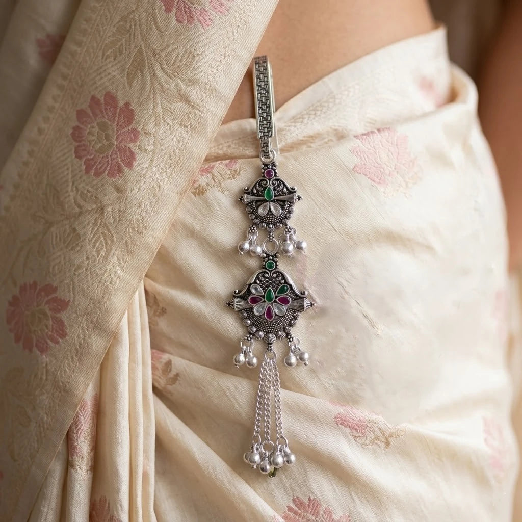 Traditional Silver Floral Chabi Chhalla Designer Silver Key Holder Pendant for Women