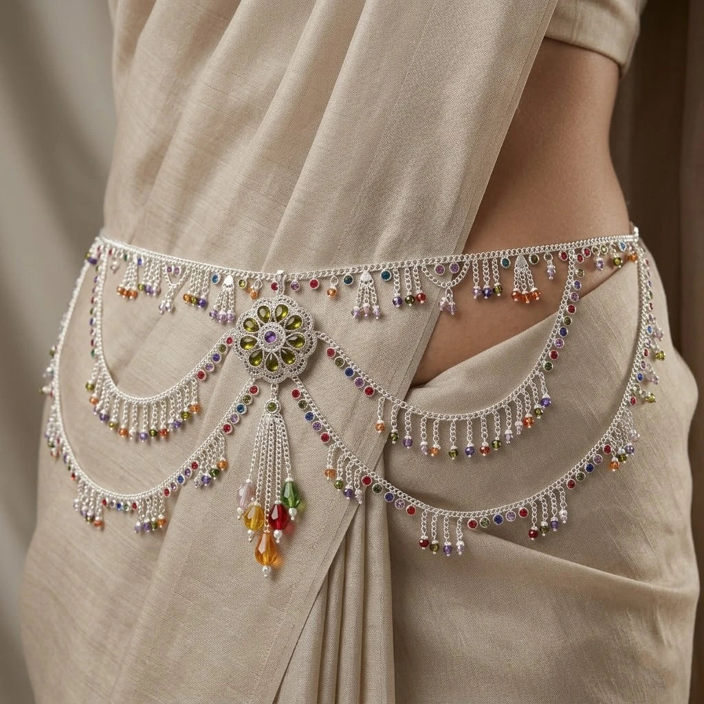 Traditional Silver Kamarbandh for Women Colorful Stone