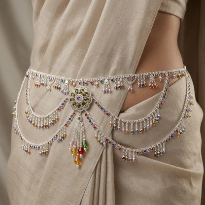 Traditional Silver Kamarbandh for Women Colorful Stone