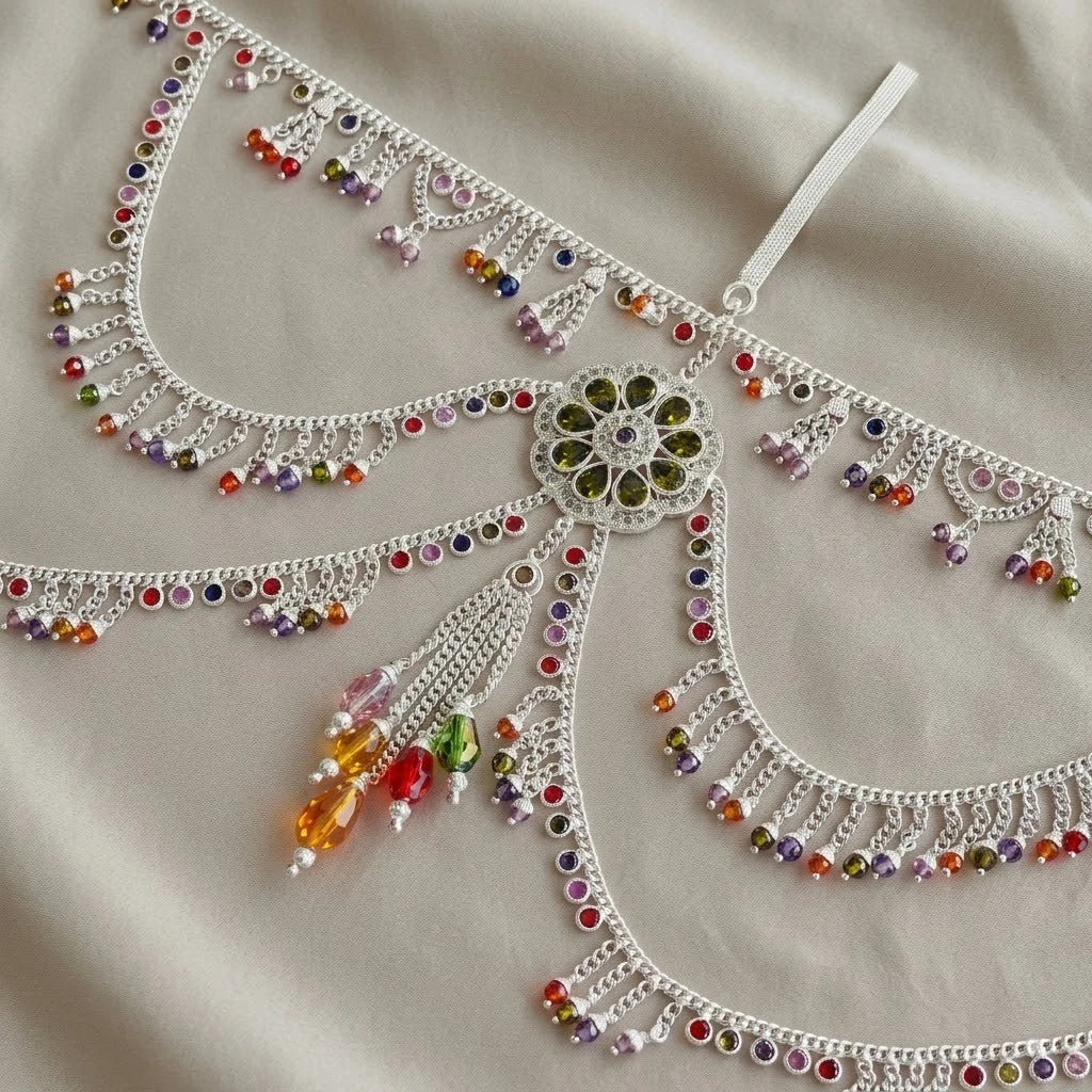 Traditional Silver Kamarbandh for Women Colorful Stone