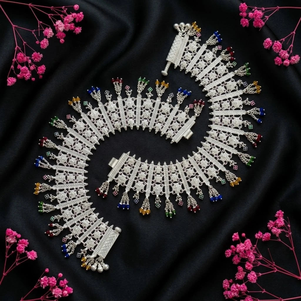 Traditional Silver Multicolor Tassel Payal for Women