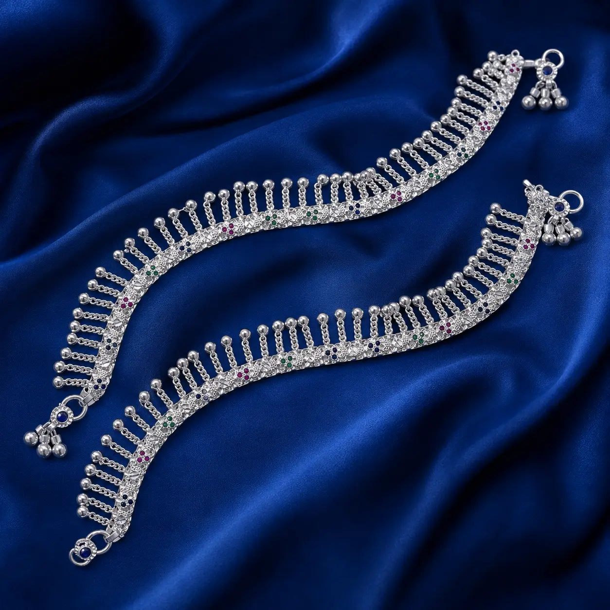 Traditional Silver Payal with Colorful Stones & Ghungroo