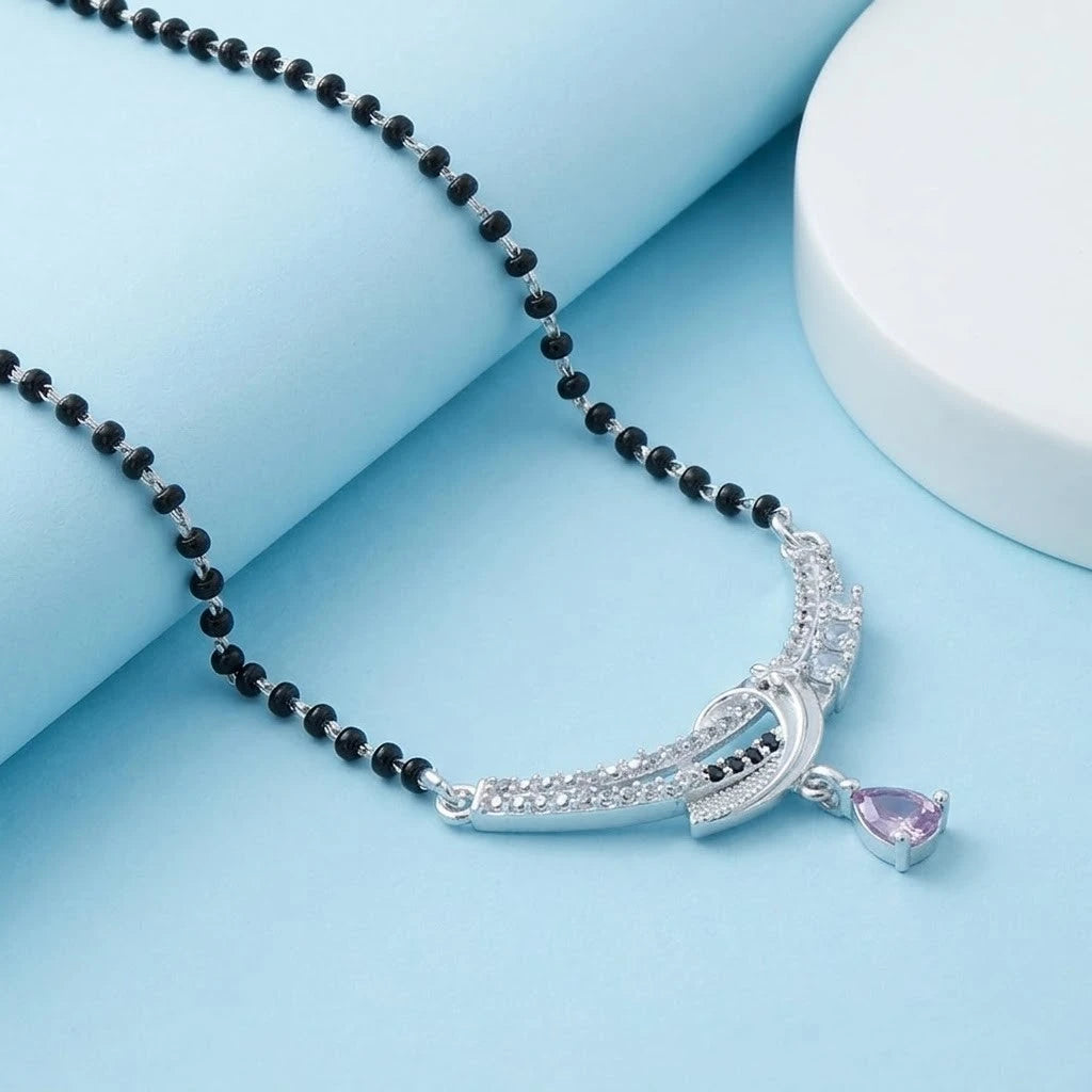 Traditional Black Beaded Silver Mangalsutra with Purple Gemstone