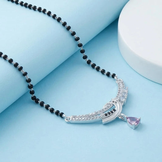 Traditional Black Beaded Silver Mangalsutra with Purple Gemstone