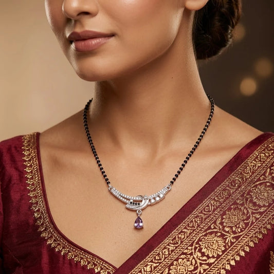 Traditional Black Beaded Silver Mangalsutra with Purple Gemstone
