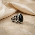 Traditional Design Oval Shape Black Stone Silver Ring