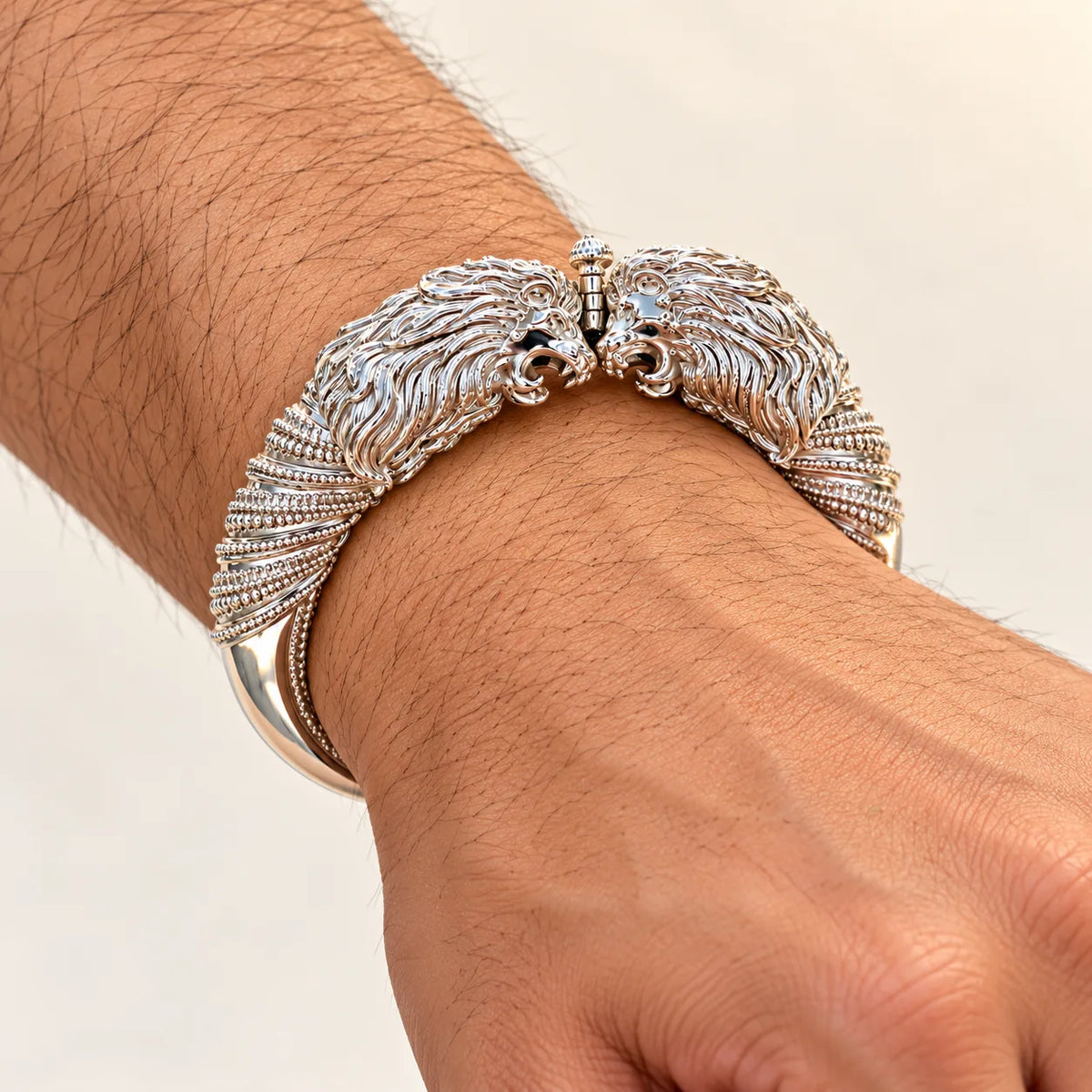 Traditional Design Silver Kada with Double Lion Head and Intricate Carving