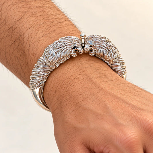 Traditional Design Silver Kada with Double Lion Head and Intricate Carving